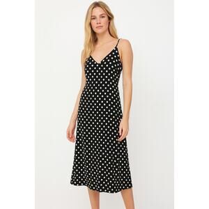 Zara Polka Dot Midi Dress Black White Strappy V-Neck Size S